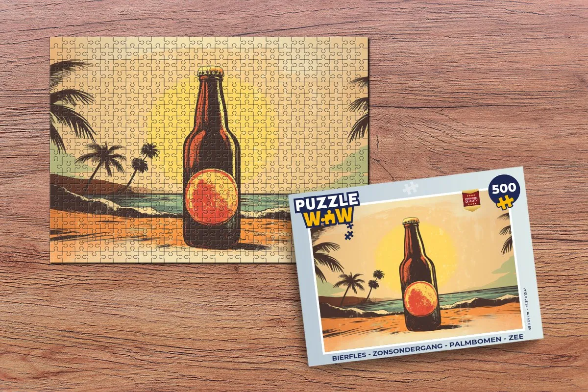 PuzzleWow Bierfles Legpuzzel 500 Stuks - Zonsondergang/Strand