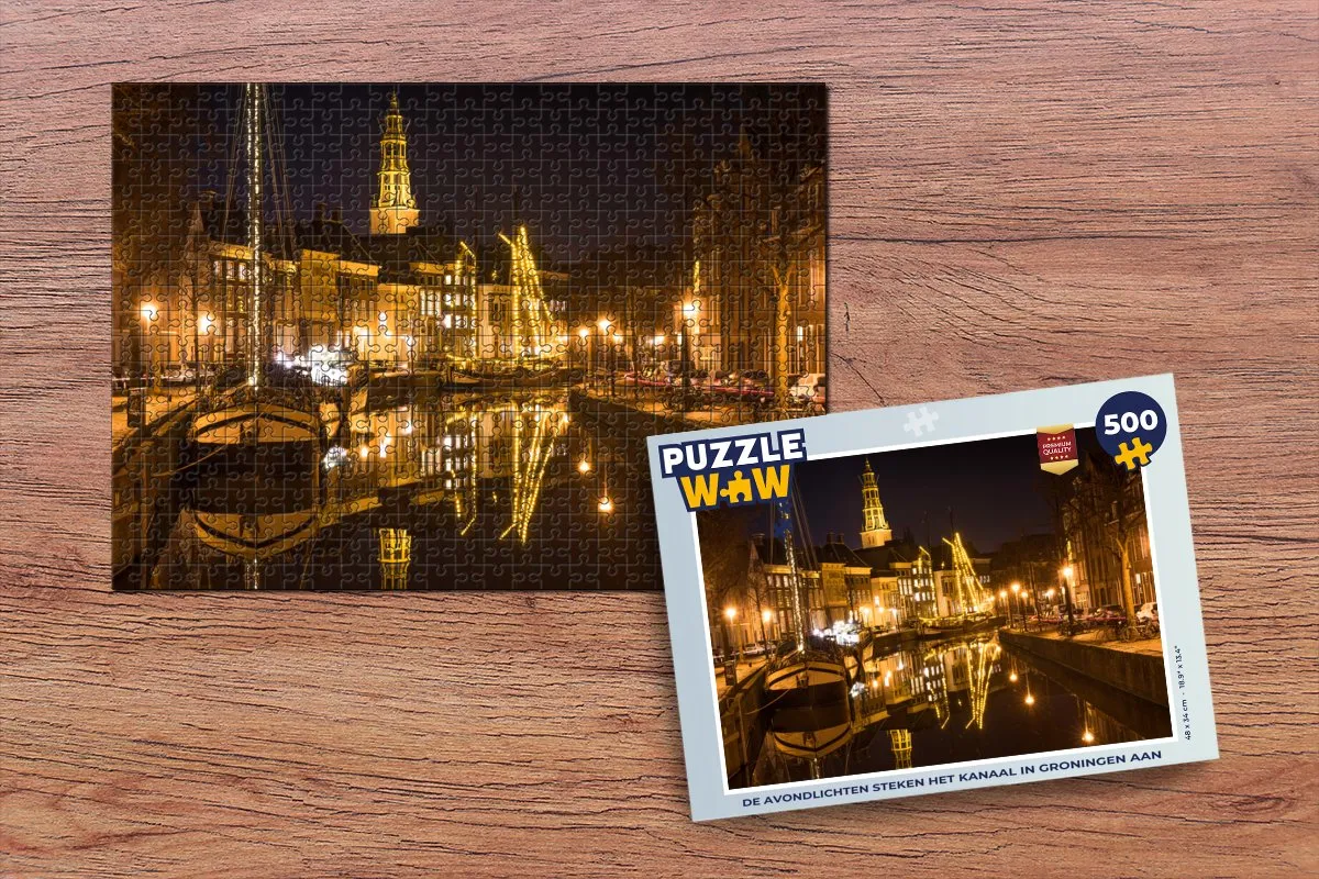 PuzzleWow Groningen Nacht Lichten Legpuzzel 500 Stuks - Multicolor