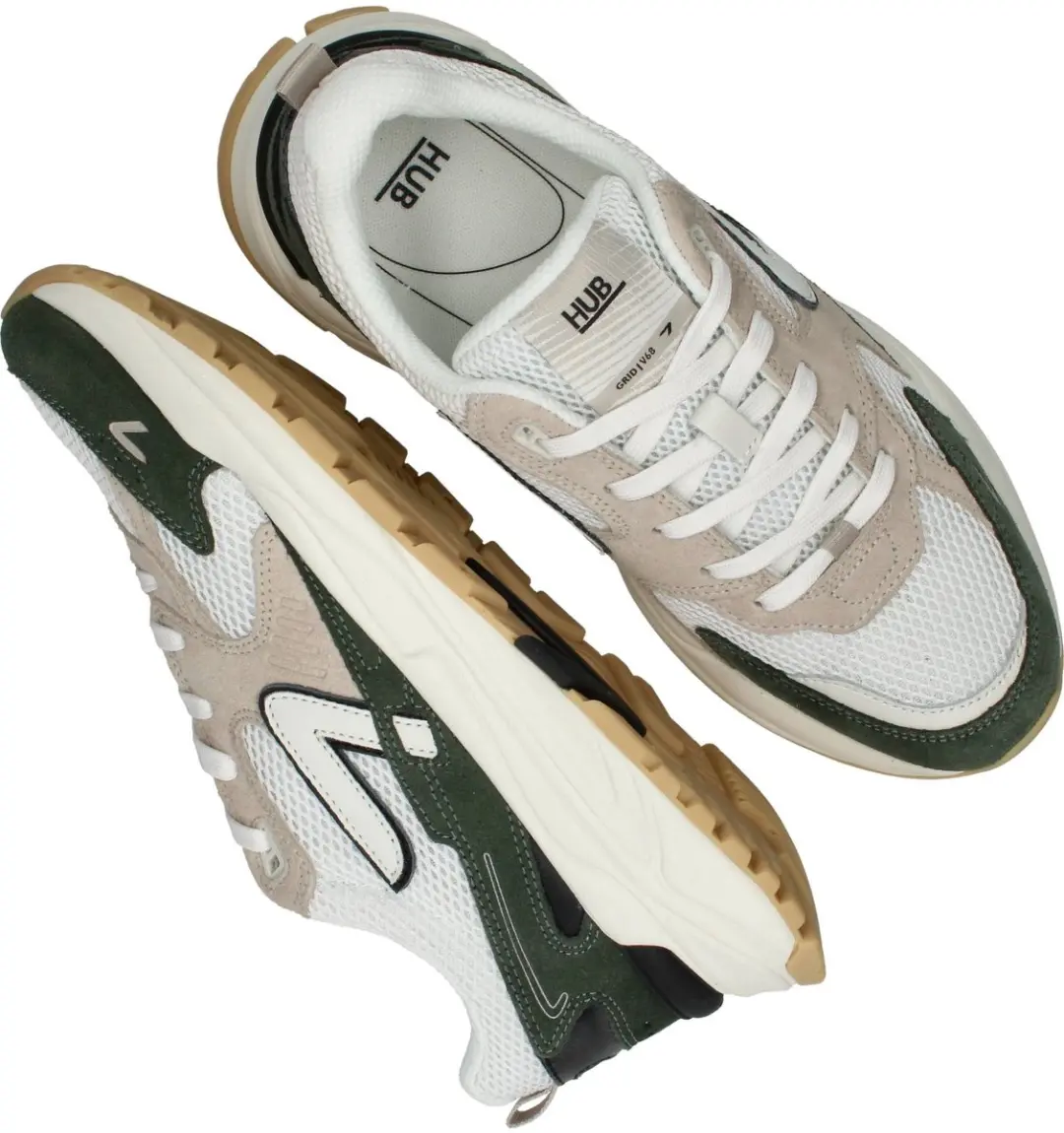 Hub Grid S48 Sneakers Heren - 44 - Wit/Donkergroen/Beige - afbeelding 6 van 6