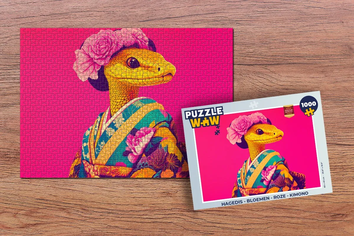 PuzzleWow Kimono Legpuzzel 1000 Stuks - Roze Hagedis Bloemen