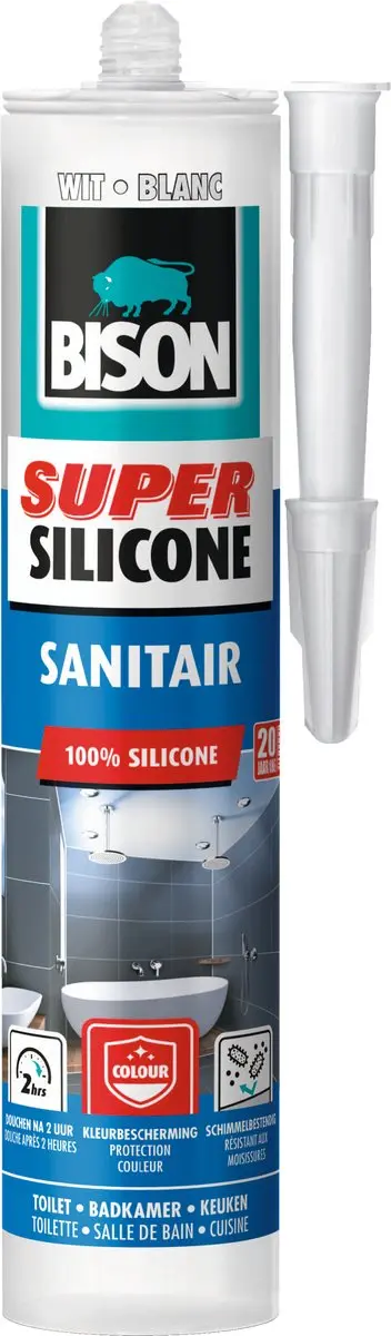 Bison Super Silicone Sanitair wit koker 300 ml, waterbestendige siliconenkit, la