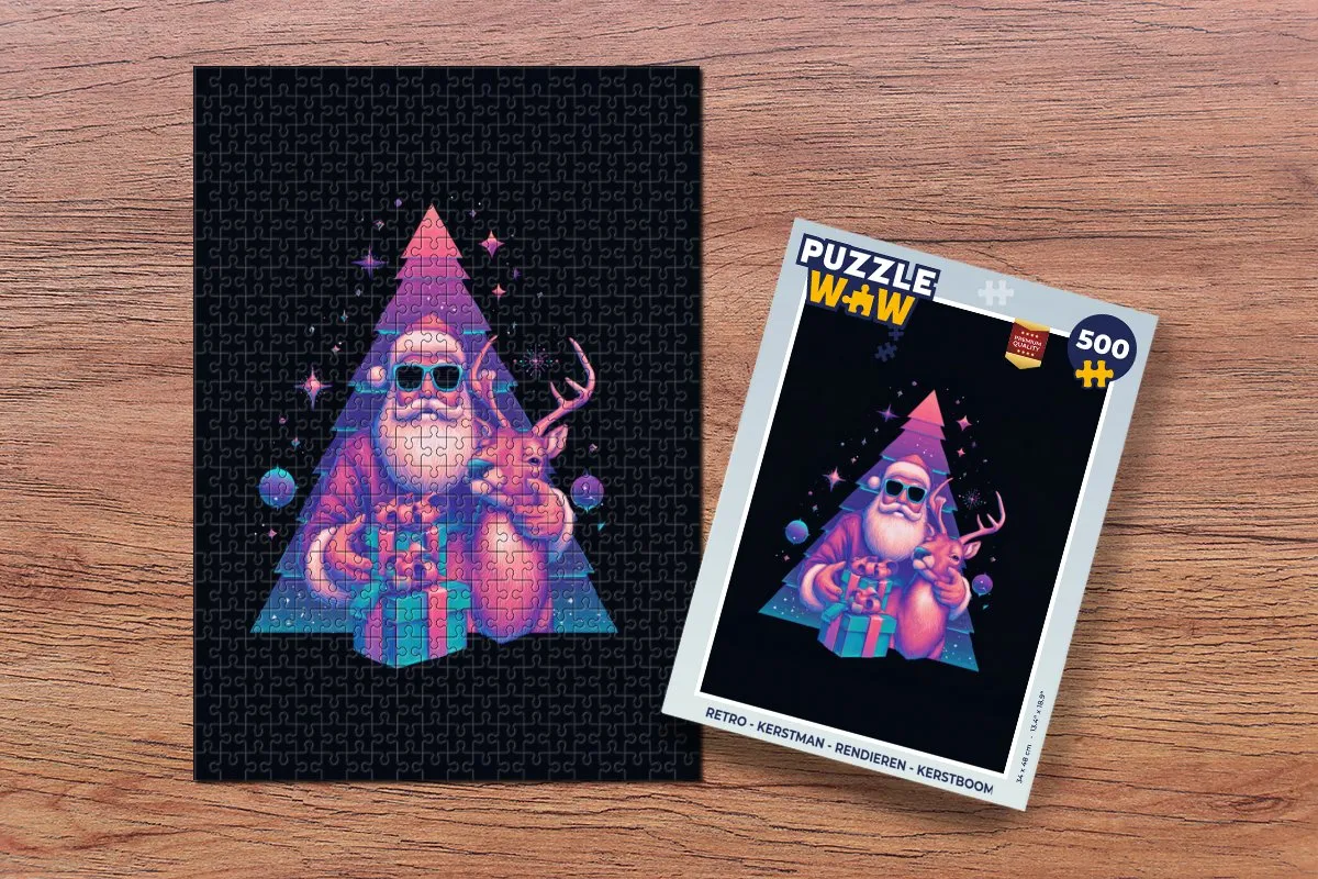 PuzzleWow Kerstpuzzel 1000 Stuks - Retro Kerstman/Rendieren/Kerstboom
