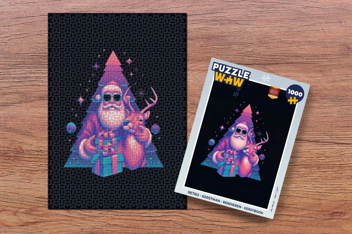 PuzzleWow Kerstpuzzel 1000 Stuks - Retro Kerstman/Rendieren/Kerstboom