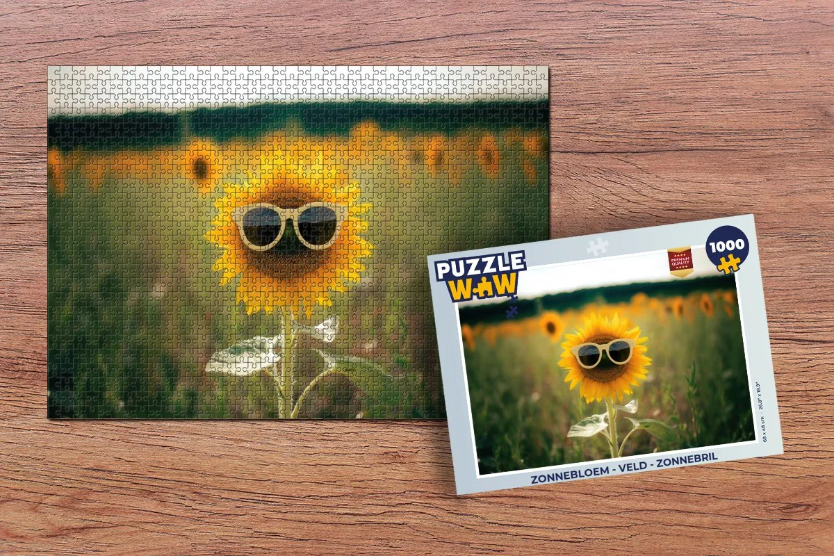 PuzzleWow Legpuzzel Zonnebloem - Veld - Zonnebril 1000 Stuks