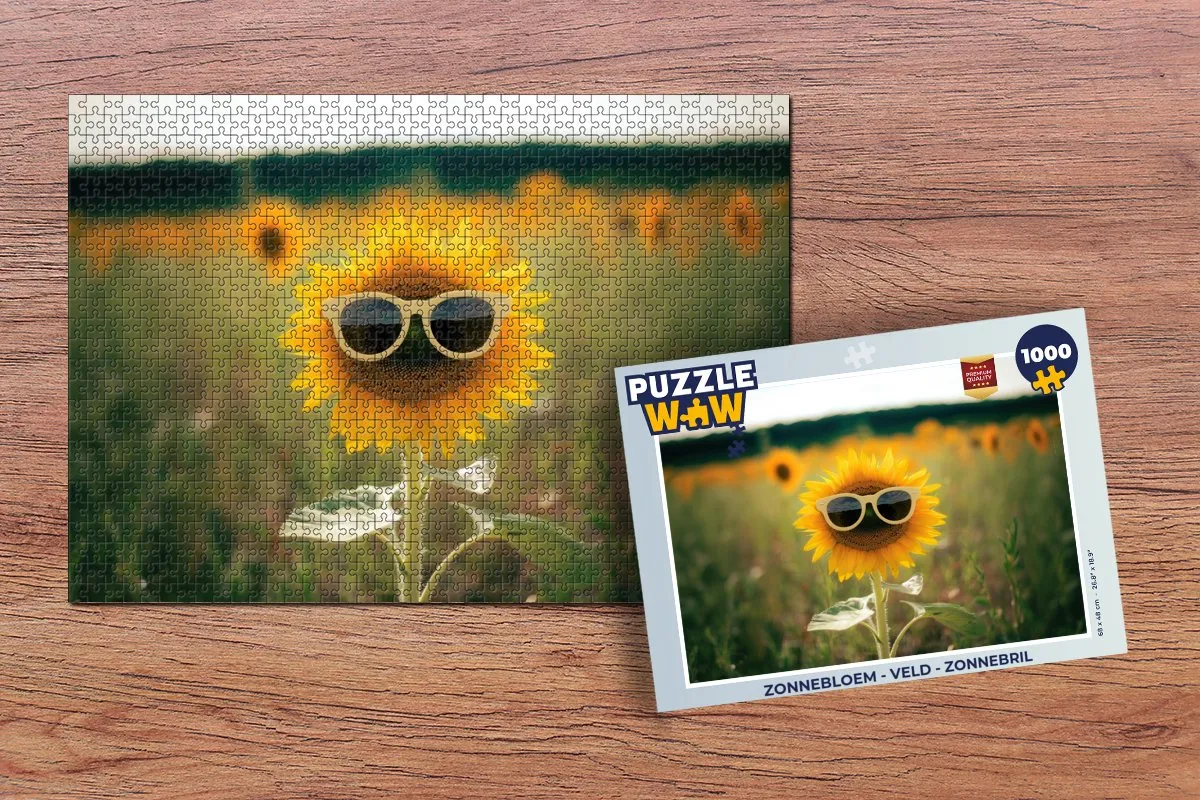 PuzzleWow Legpuzzel Zonnebloem - Veld - Zonnebril 1000 Stuks