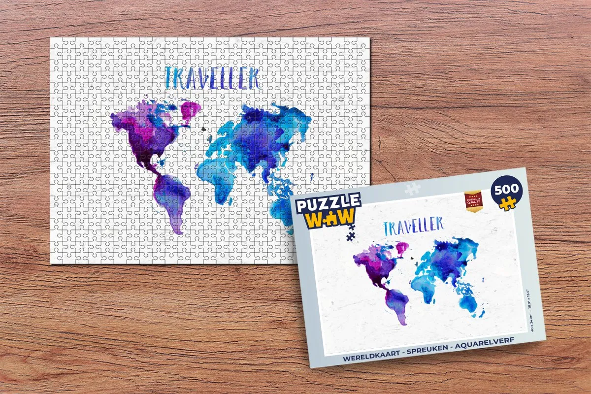 PuzzleWow Wereldkaart Spreuken Aquarelverf Legpuzzel 500 Stuks - Multicolor
