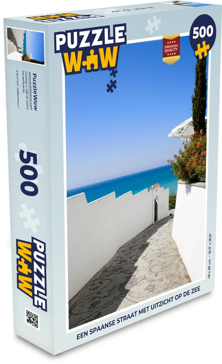 PuzzleWow Legpuzzel 500 Stuks - Een Spaanse straat met uitzicht op de zee - Multicolor