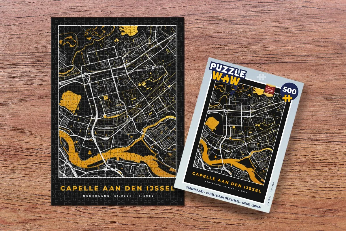 PuzzleWow Stadskaart Capelle aan den IJssel Legpuzzel 500 Stuks - Goud/Zwart
