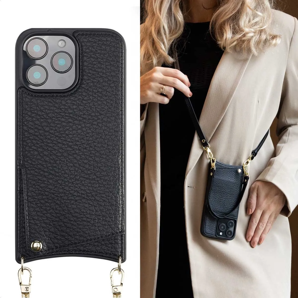 Selencia Hoesje iPhone 16 Pro Max - Backcover met koord - 2 Pasjes - Zwart