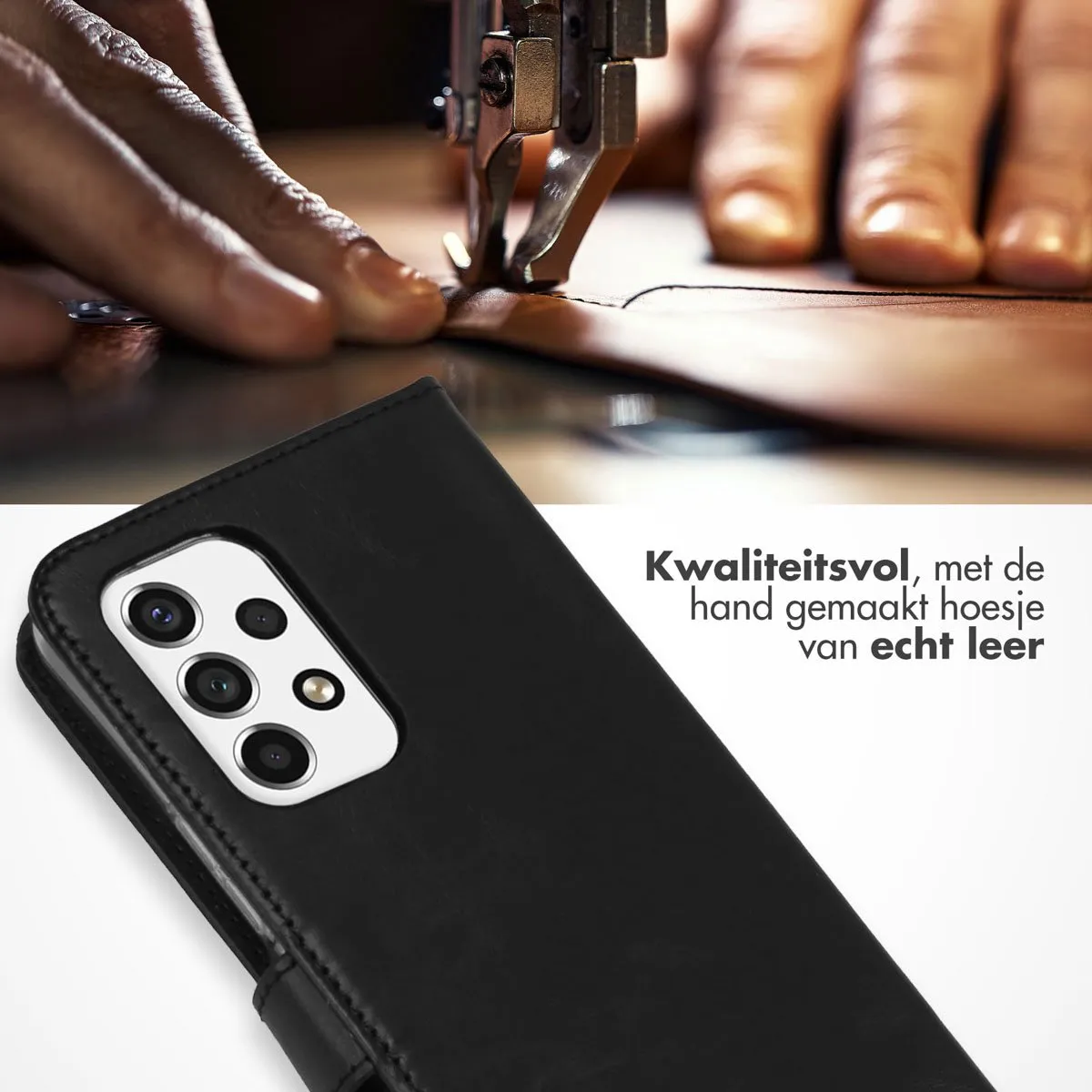 Selencia Hoesje Samsung Galaxy A53 - Echt Lederen Bookcase 3 Stuks - Zwart