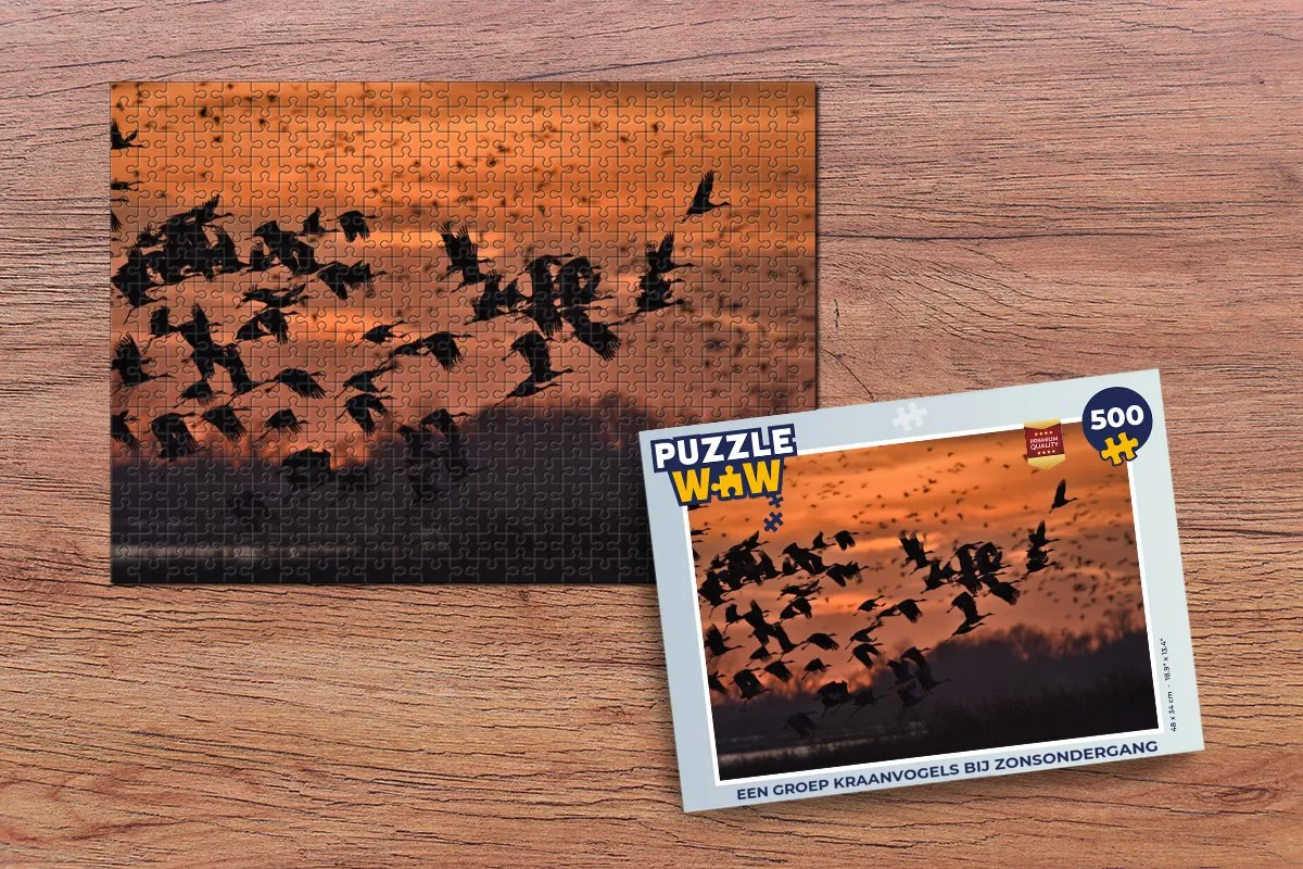 PuzzleWow Legpuzzel Een groep kraanvogels bij zonsondergang 500 Stuks - Multicolor