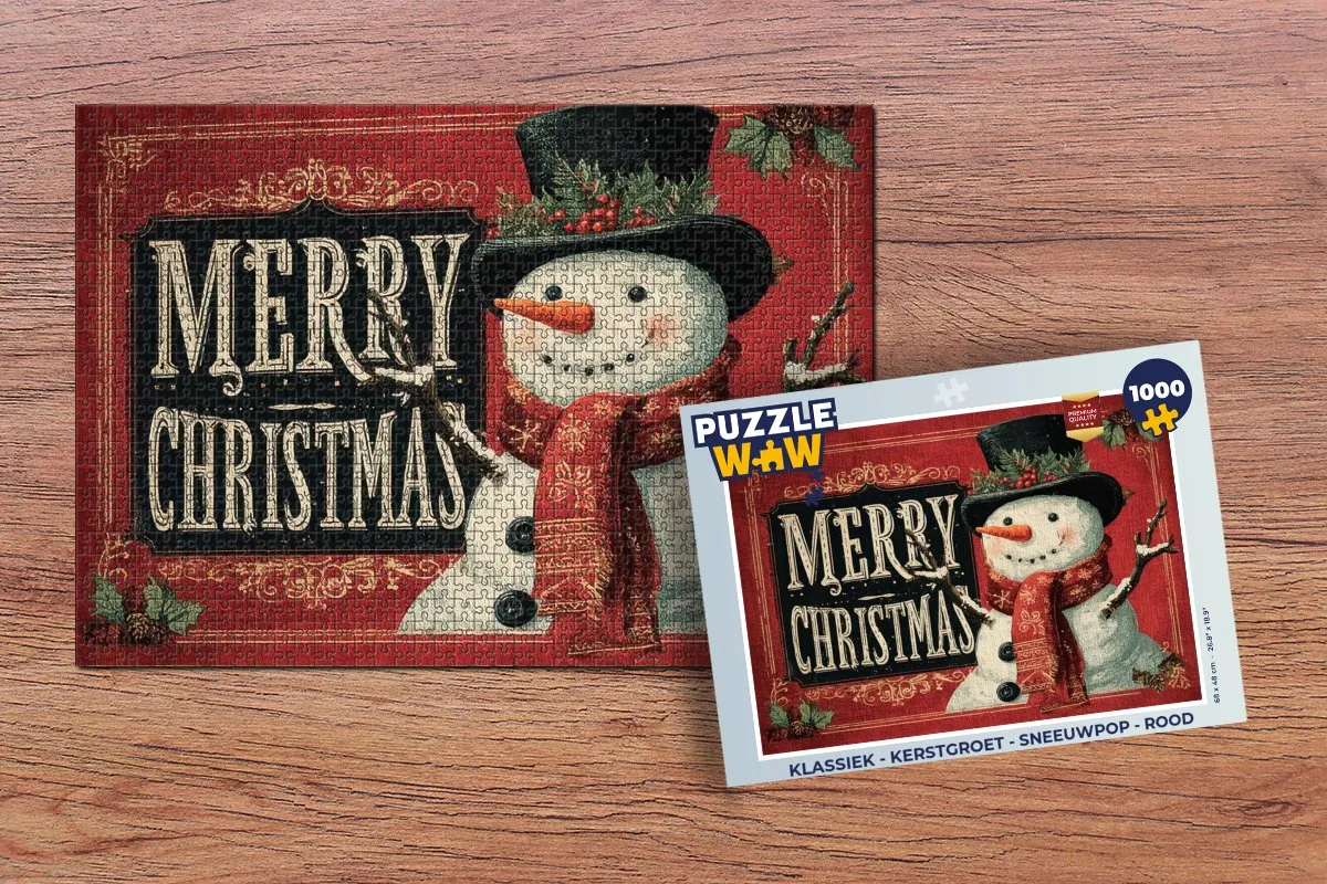 PuzzleWow Kerstgroet Sneeuwpop Puzzle 1000 Stuks - Rood