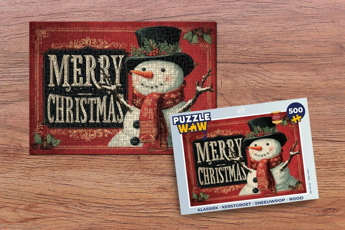 PuzzleWow Kerstgroet Sneeuwpop Puzzle 1000 Stuks - Rood