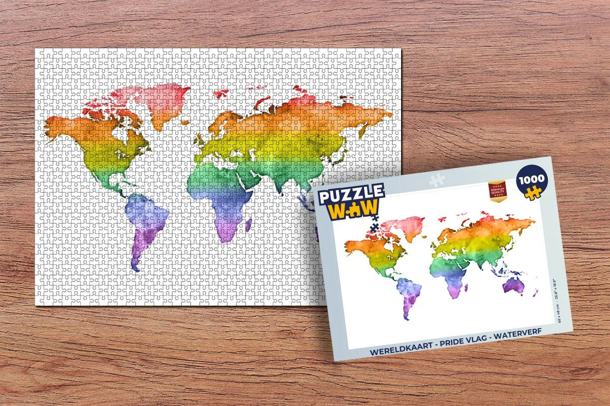 PuzzleWow Wereldkaart Pride Vlag Waterverf Legpuzzel 1000 Stuks - Multicolor