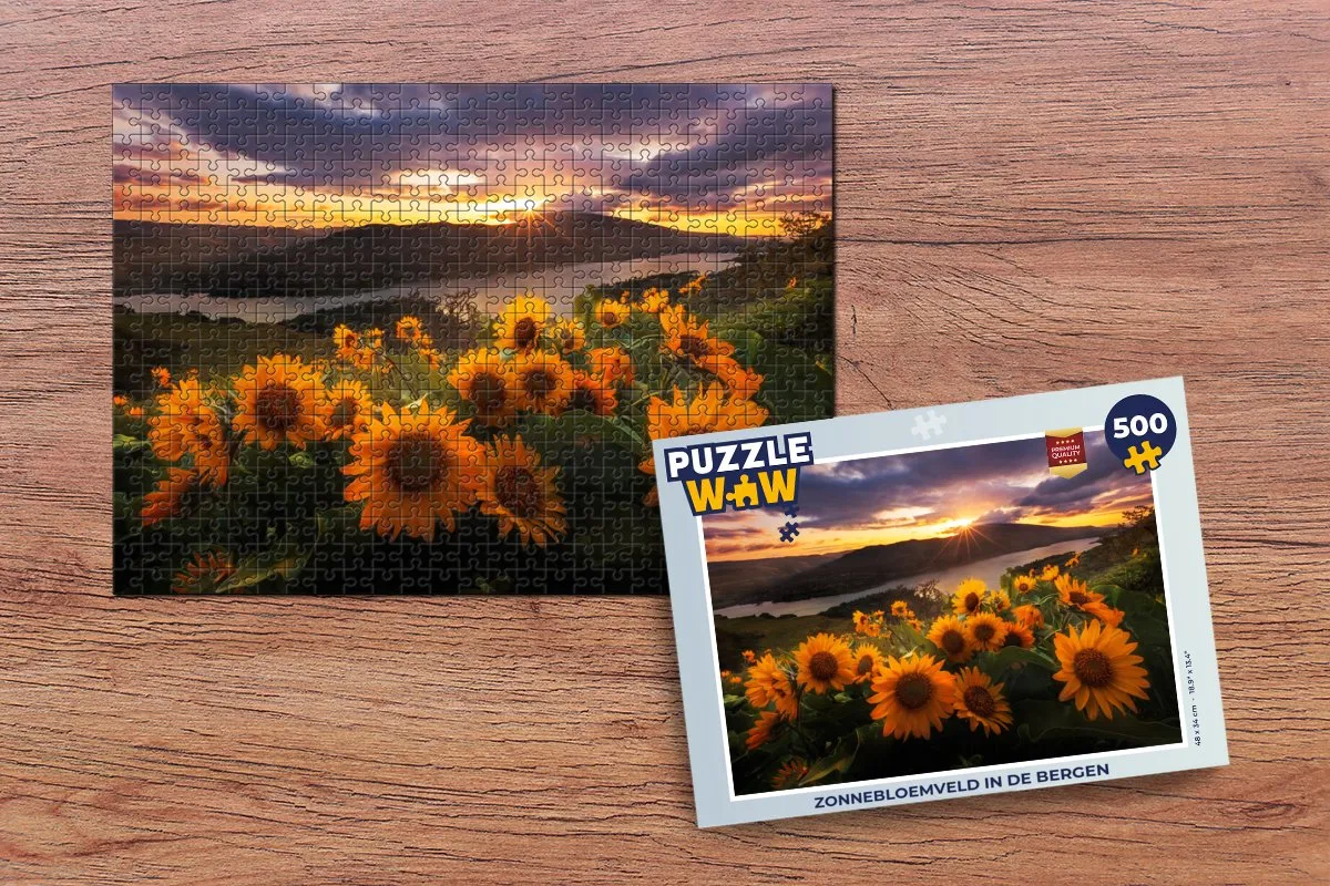 PuzzleWow Zonnebloemveld in de bergen Legpuzzel 500 Stuks - Multicolor