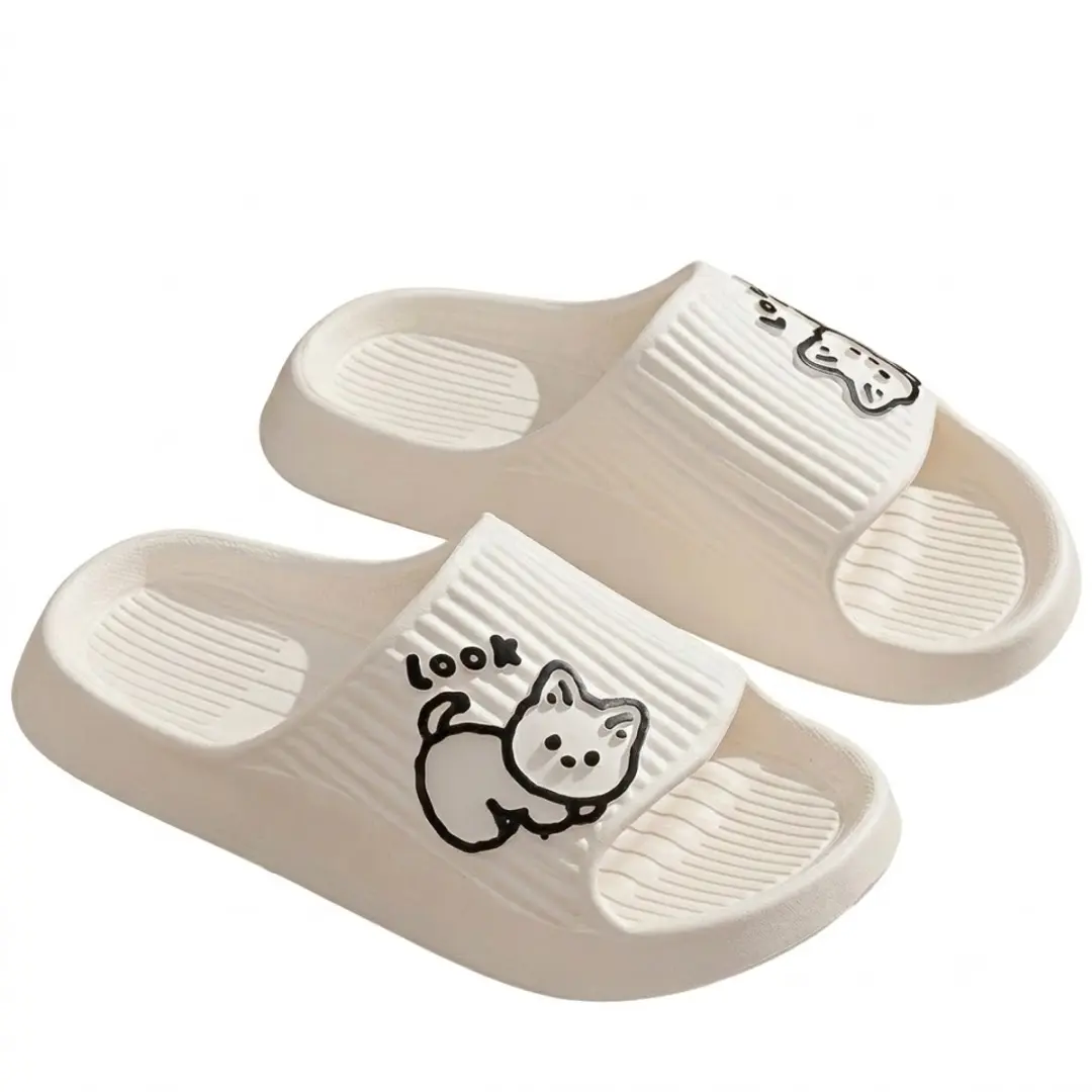 Witte badslippers heren en dames EVA instap slippers kattenprint antislip dik zo
