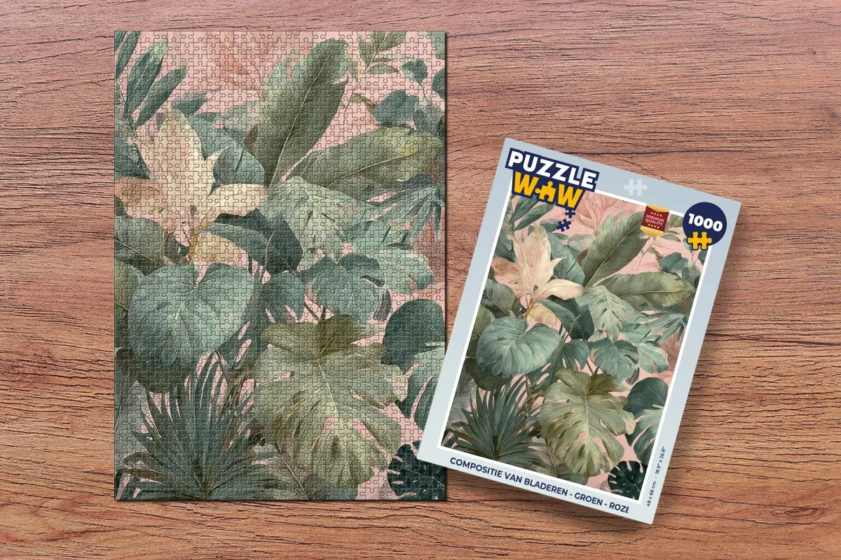 PuzzleWow Legpuzzel 1000 Stuks - Bladeren Compositie Groen Roze