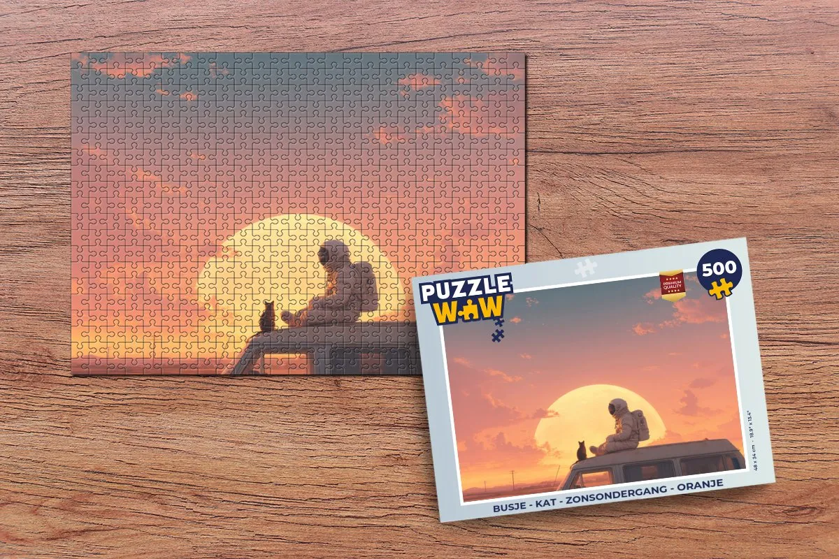 PuzzleWow 500 Stuks Puzzel Busje Kat Zonsondergang - Oranje