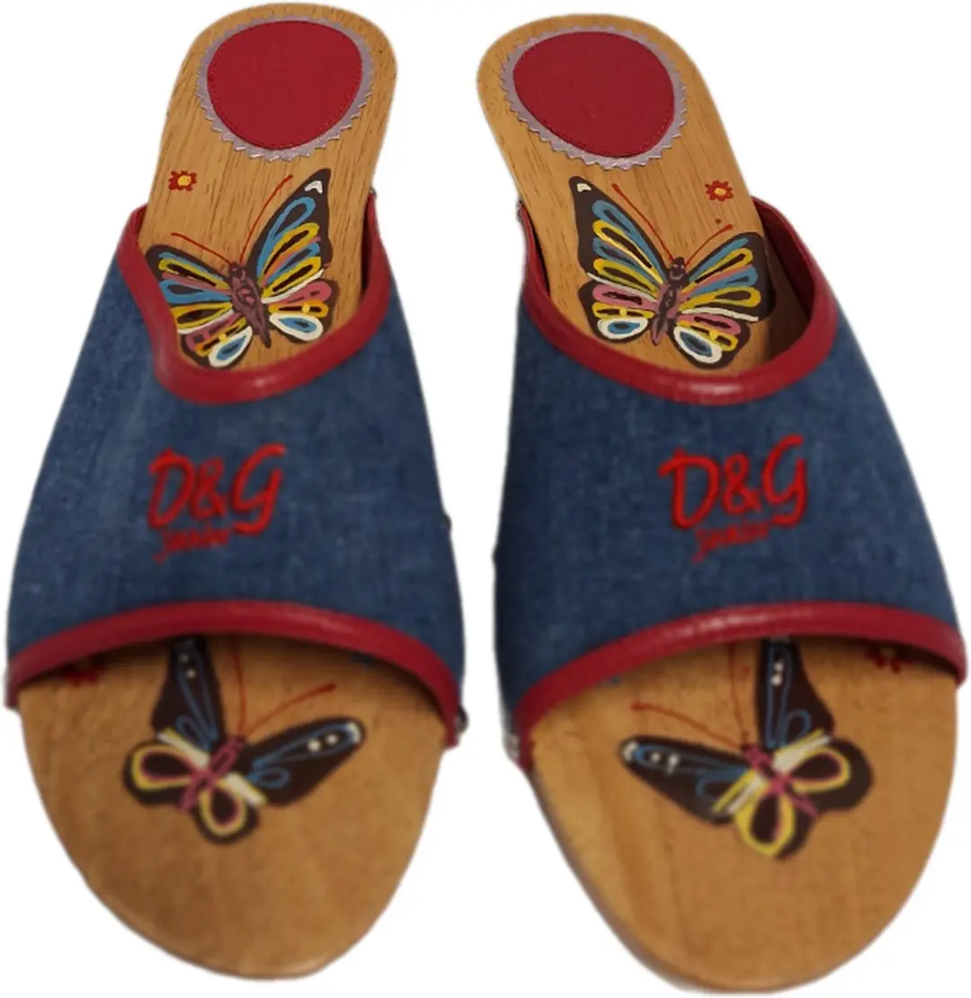 D&G WOODEN SLIPPER MET DENIM UPPER EN BUTTERFLY SIZE 36
