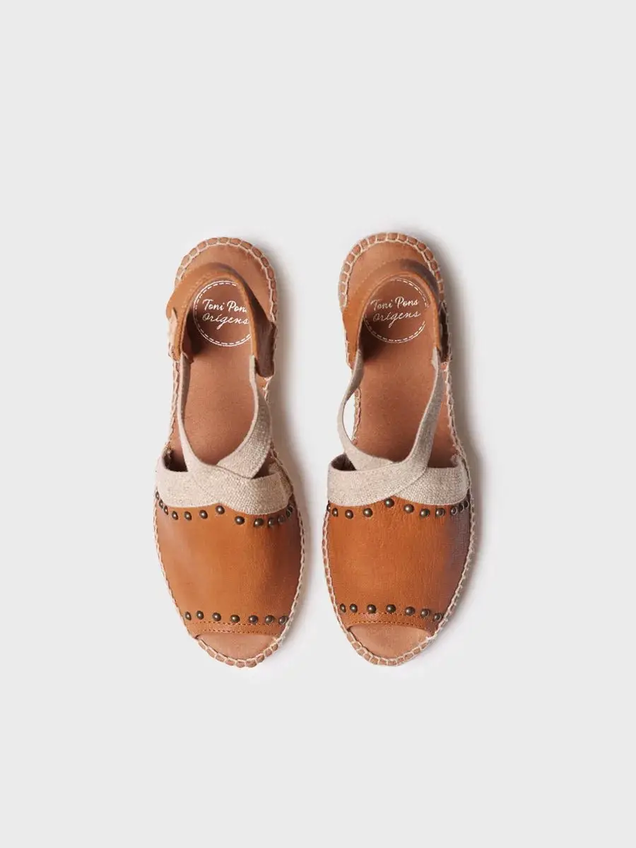 Dames leren espadrille met sleehak, studs en elastiek