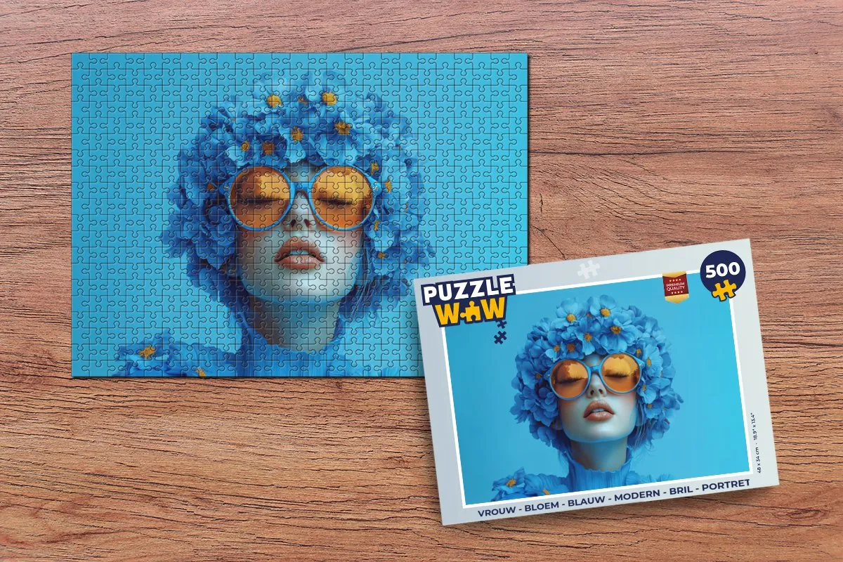 PuzzleWow Vrouw Bloem Portret Legpuzzel 500 Stuks - Blauw