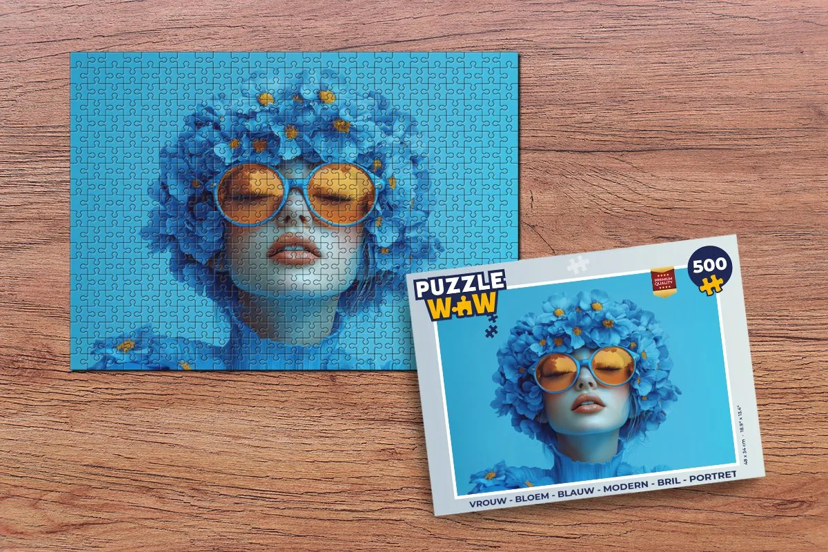 PuzzleWow Vrouw Bloem Portret Legpuzzel 500 Stuks - Blauw