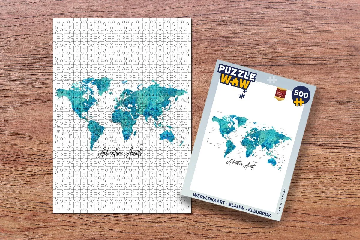 PuzzleWow Wereldkaart Legpuzzel 500 Stuks - Blauw