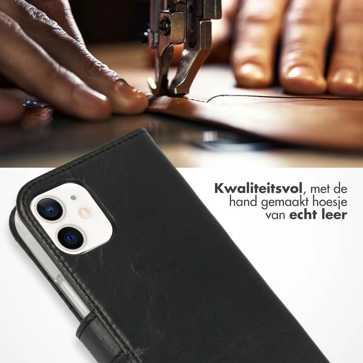 Selencia Hoesje iPhone 12 Mini Echt Lederen Bookcase - 3 Pasjes - Zwart