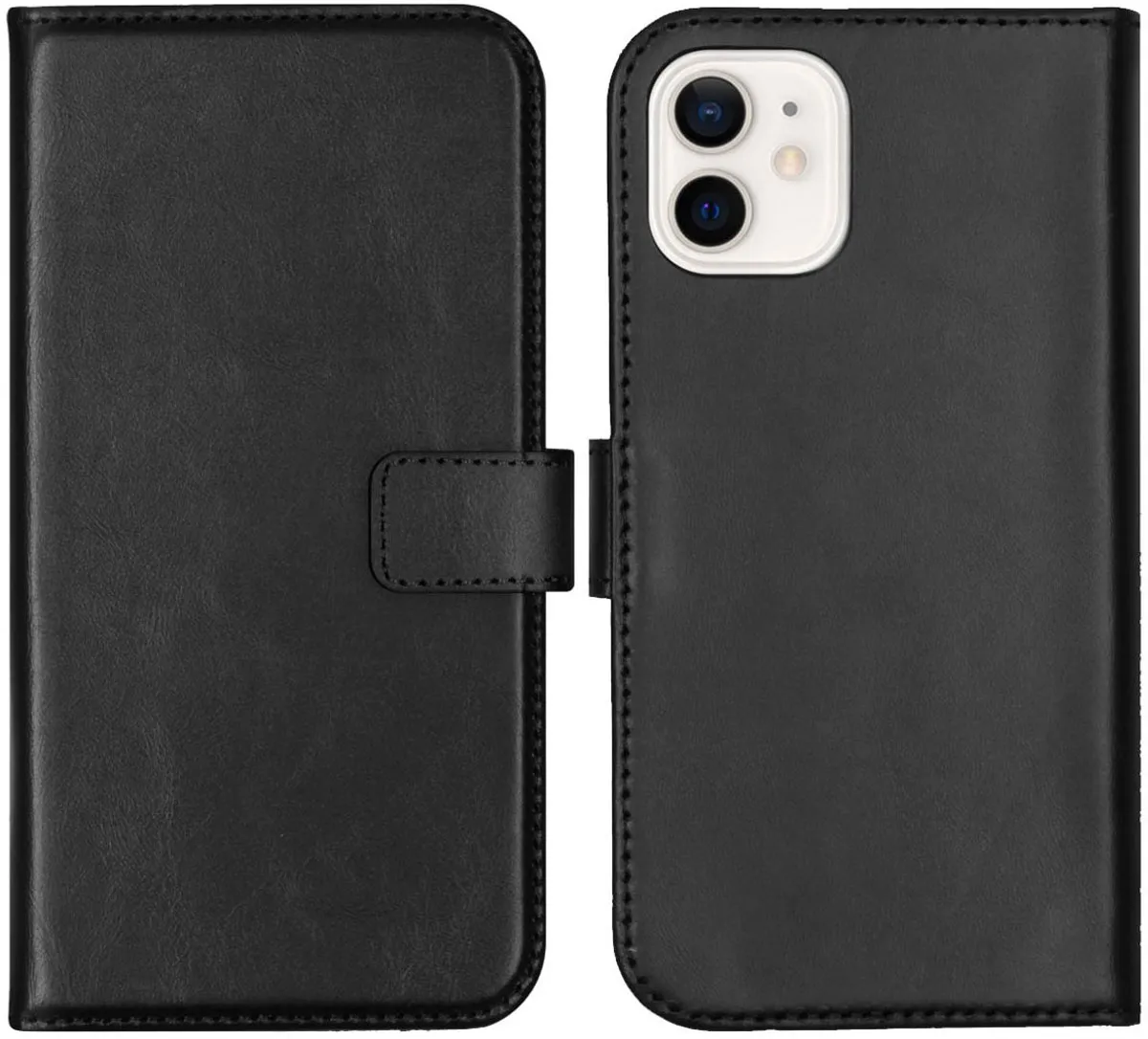 Selencia Hoesje iPhone 12 Mini Echt Lederen Bookcase - 3 Pasjes - Zwart