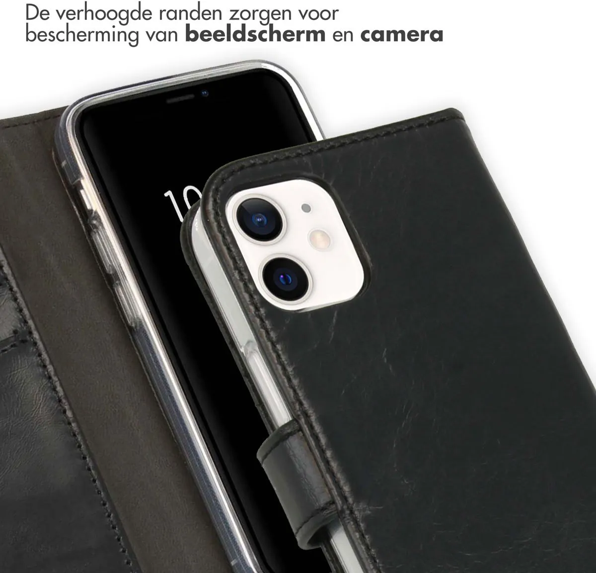 Selencia Hoesje iPhone 12 Mini Echt Lederen Bookcase - 3 Pasjes - Zwart
