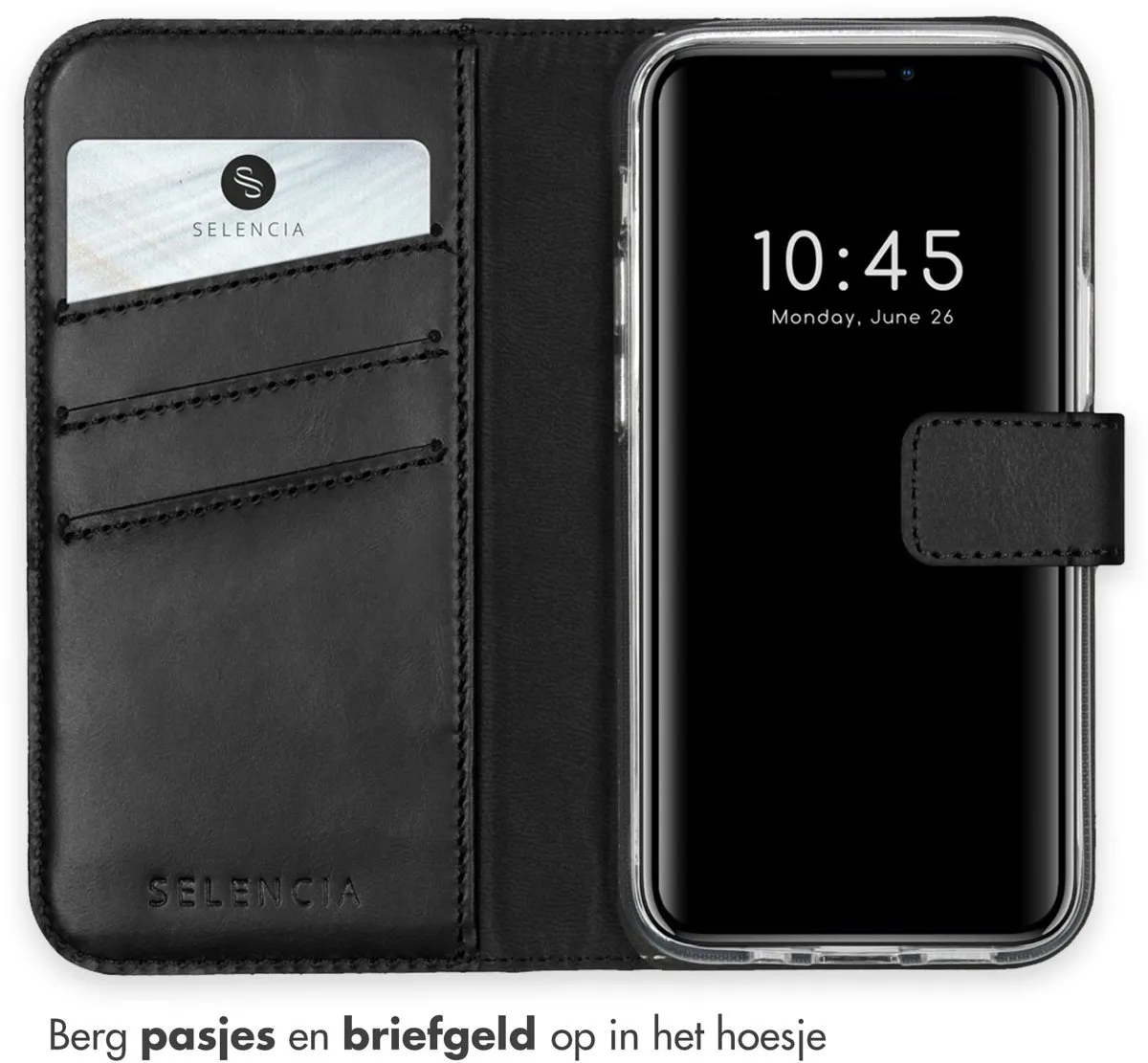 Selencia Hoesje iPhone 12 Mini Echt Lederen Bookcase - 3 Pasjes - Zwart
