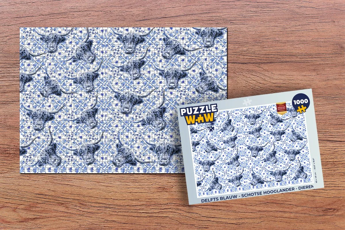 PuzzleWow Delfts Blauw Schotse Hooglander Legpuzzel 1000 Stuks