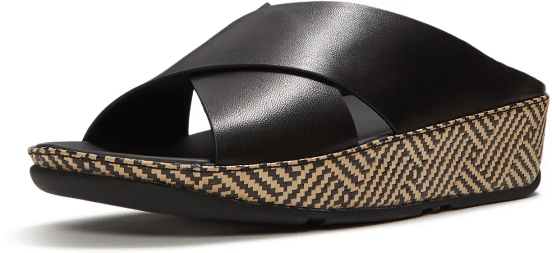 FitFlop FitFlop Lulu Lux Graphic-Weave Leather Cross Slides ZWART