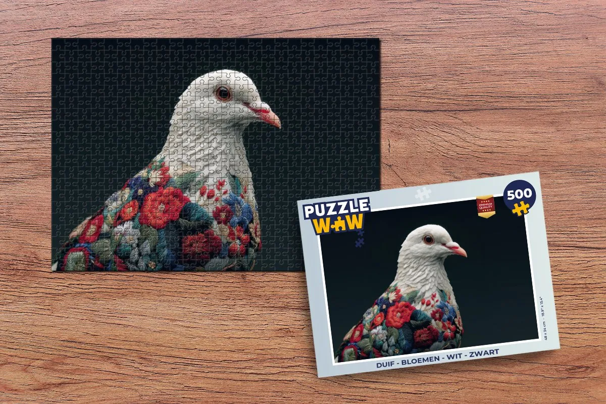 PuzzleWow Duif Bloemen Legpuzzel 500 Stuks - Wit/Zwart