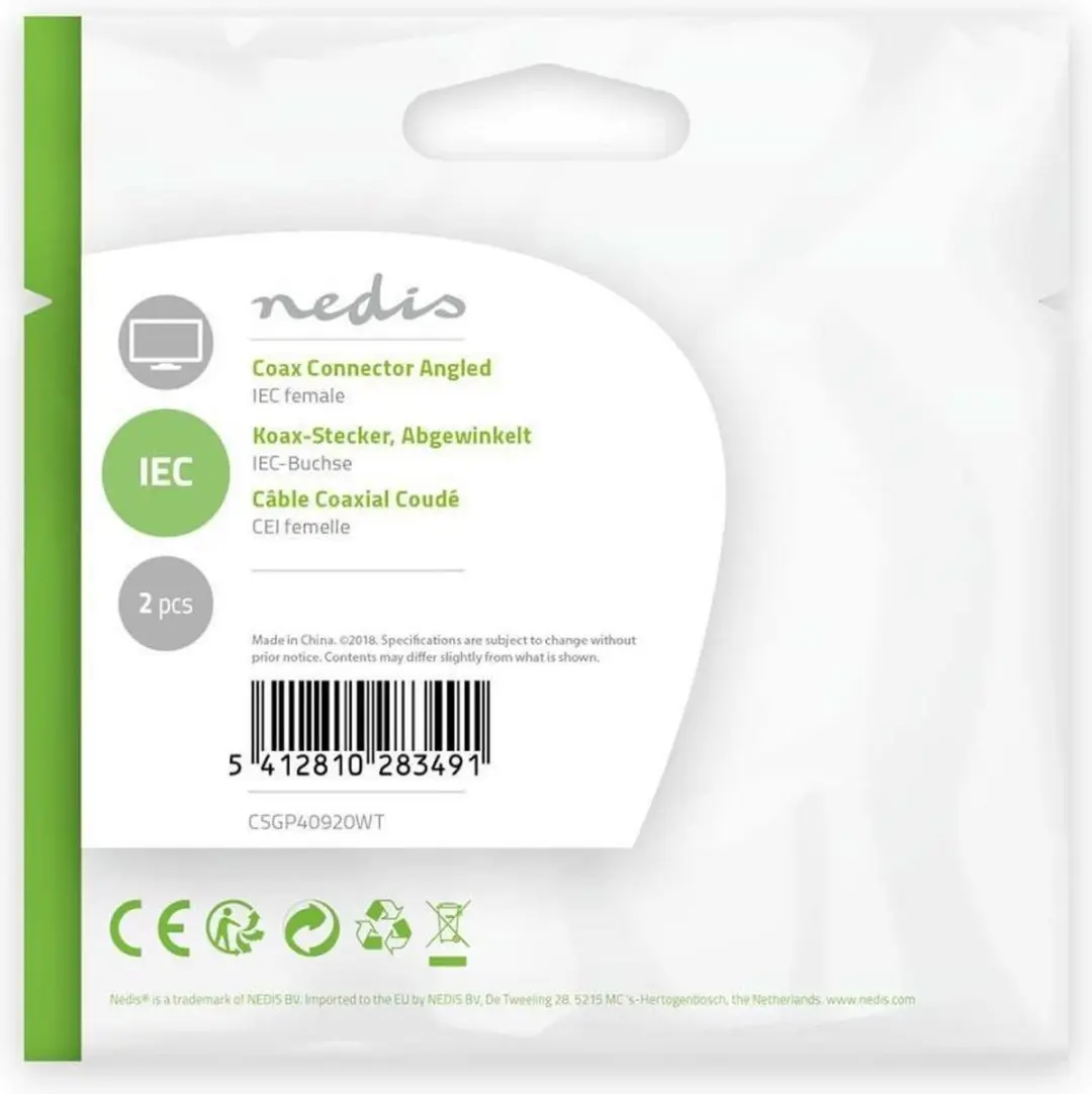 Nedis IEC Coax Connector Gehoekt Female 75 Ohm - 2 Stuks - Wit