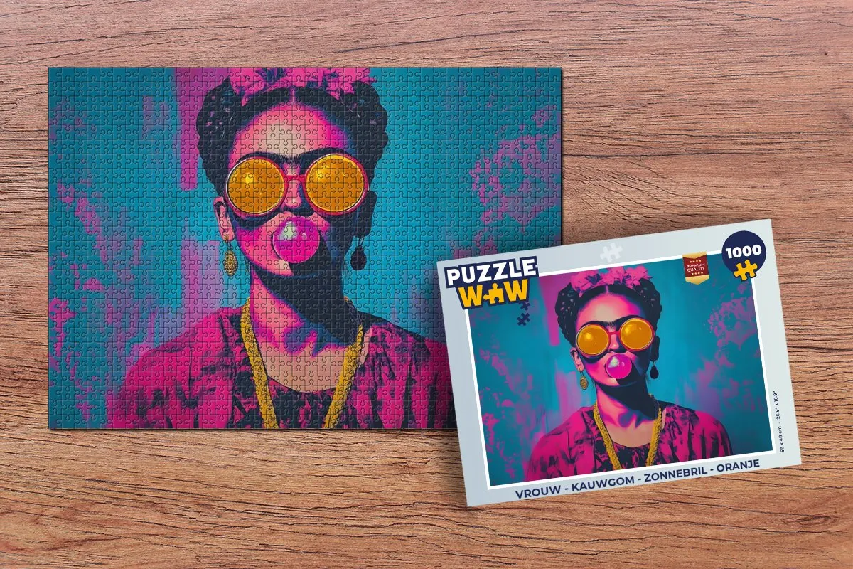 PuzzleWow Legpuzzel 1000 Stuks - Vrouw Kauwgom Bril Oranje