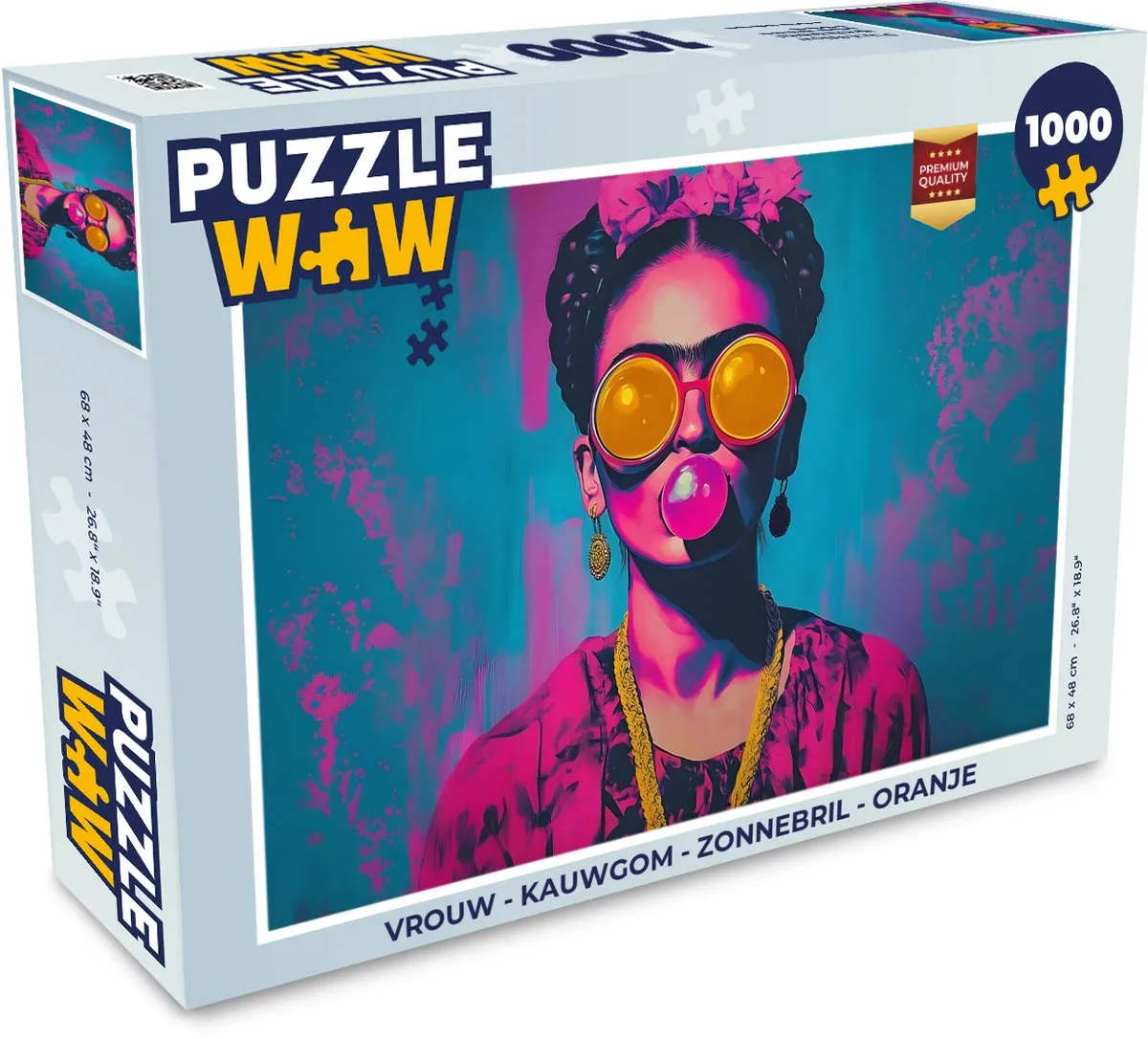 PuzzleWow Legpuzzel 1000 Stuks - Vrouw Kauwgom Bril Oranje