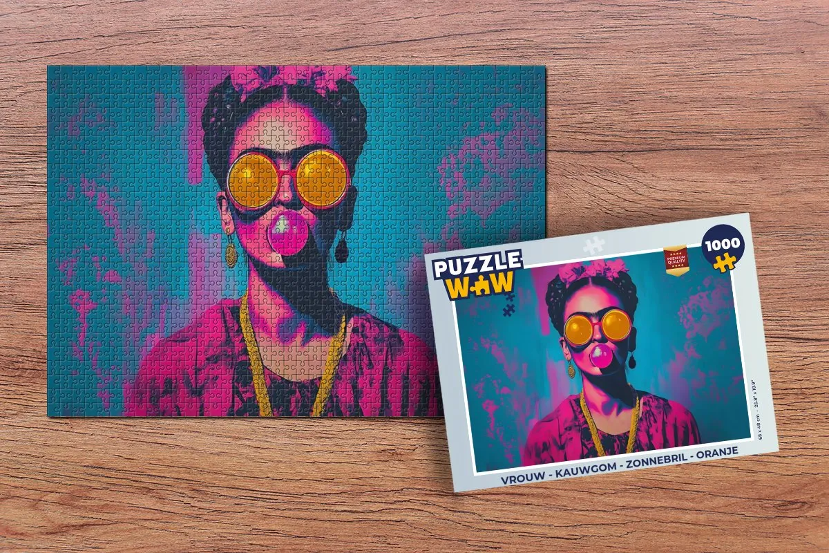 PuzzleWow Legpuzzel 1000 Stuks - Vrouw Kauwgom Bril Oranje