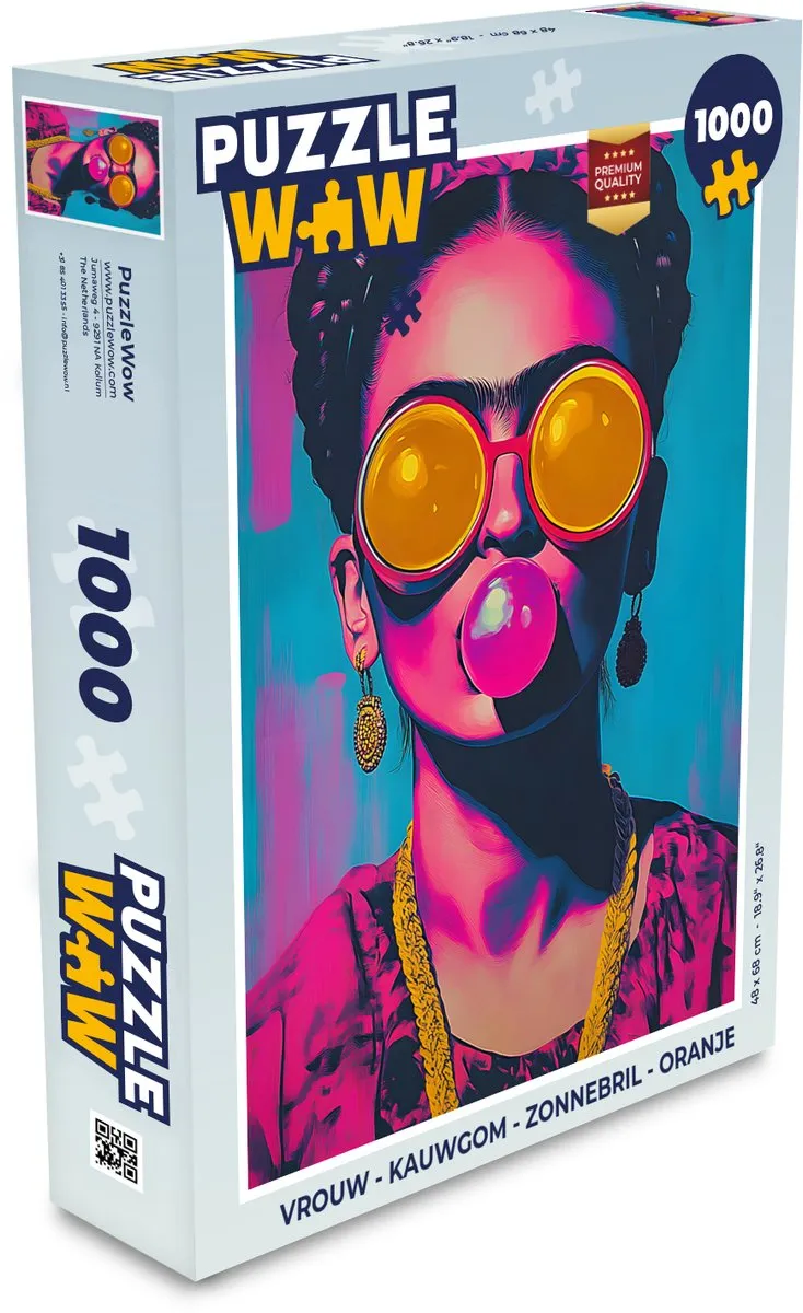 PuzzleWow Legpuzzel 1000 Stuks - Vrouw Kauwgom Bril Oranje