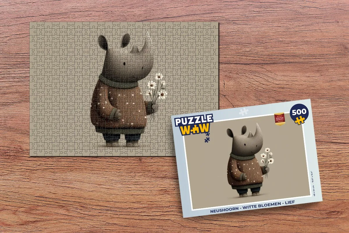 PuzzleWow Neushoorn - Witte Bloemen Legpuzzel 500 Stuks