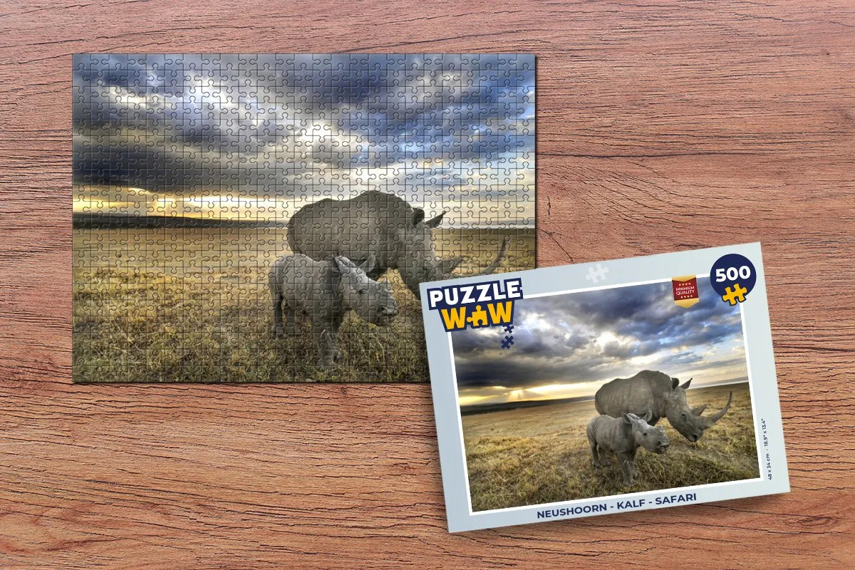 PuzzleWow Neushoorn Kalf Safari Legpuzzel 500 Stuks - Multicolor