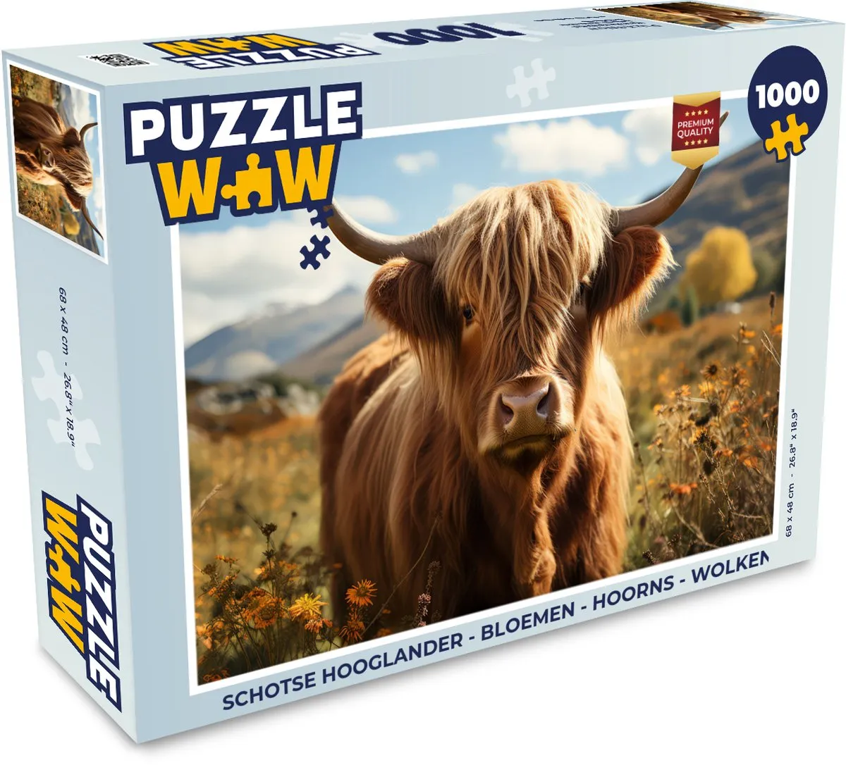 PuzzleWow Schotse Hooglander Bloemen Wolken Puzzel - 1000 Stukjes