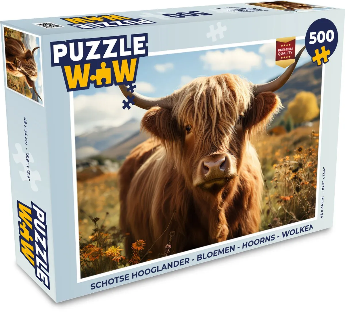 PuzzleWow Schotse Hooglander Bloemen Wolken Puzzel - 1000 Stukjes