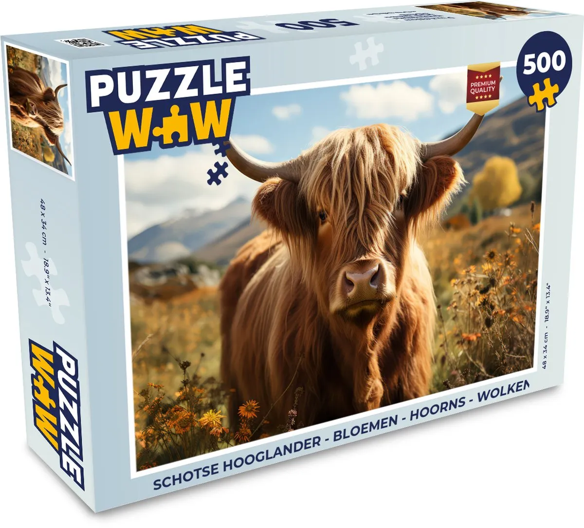 PuzzleWow Schotse Hooglander Bloemen Wolken Puzzel - 1000 Stukjes