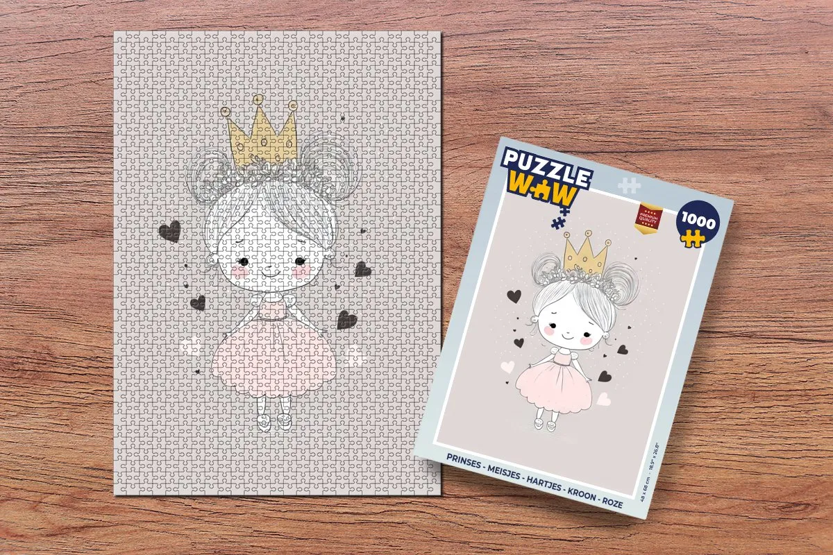 PuzzleWow Legpuzzel 1000 Stuks - Hartjes & Kroon - Roze