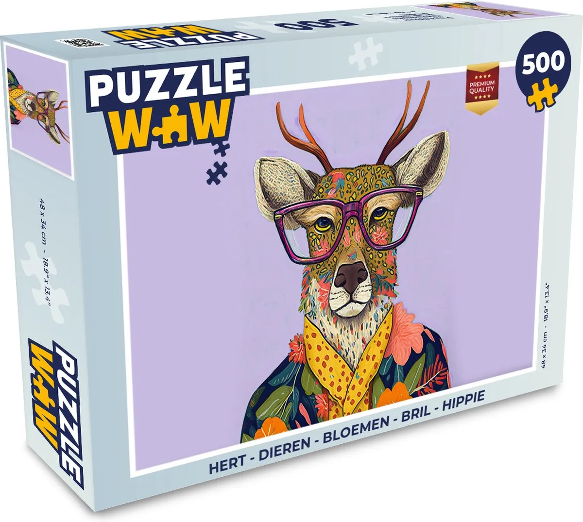 PuzzleWow Legpuzzel Hert Dieren Bloemen Bril Hippie 500 Stuks - Multicolor