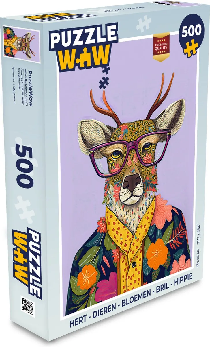 PuzzleWow Legpuzzel Hert Dieren Bloemen Bril Hippie 500 Stuks