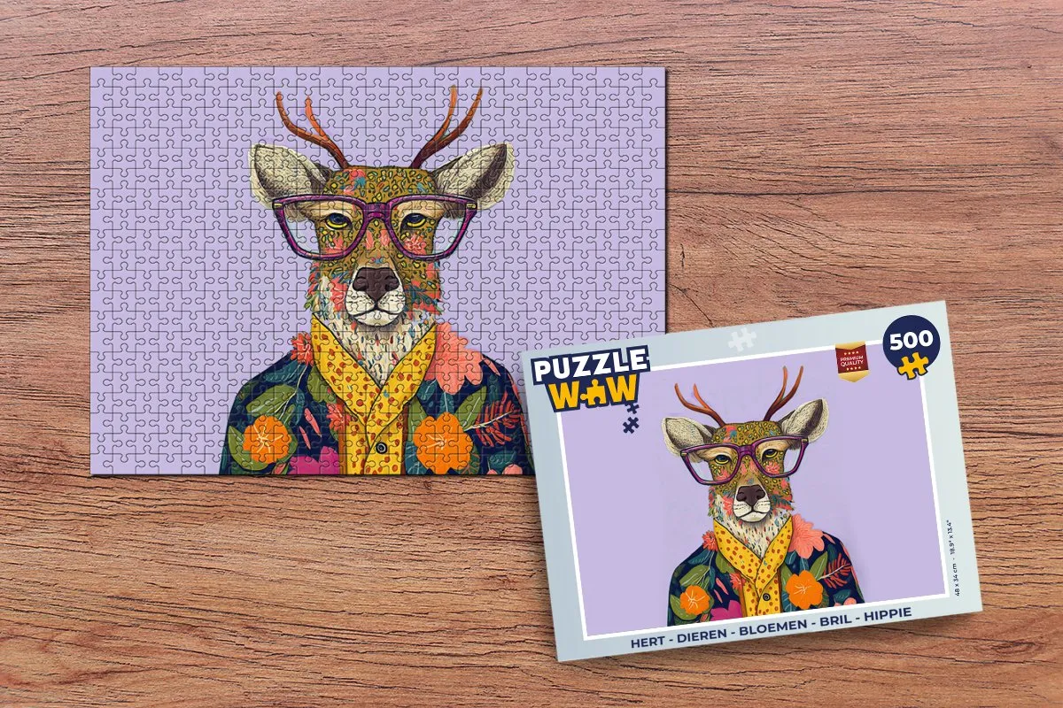 PuzzleWow Legpuzzel Hert Dieren Bloemen Bril Hippie 500 Stuks - Multicolor