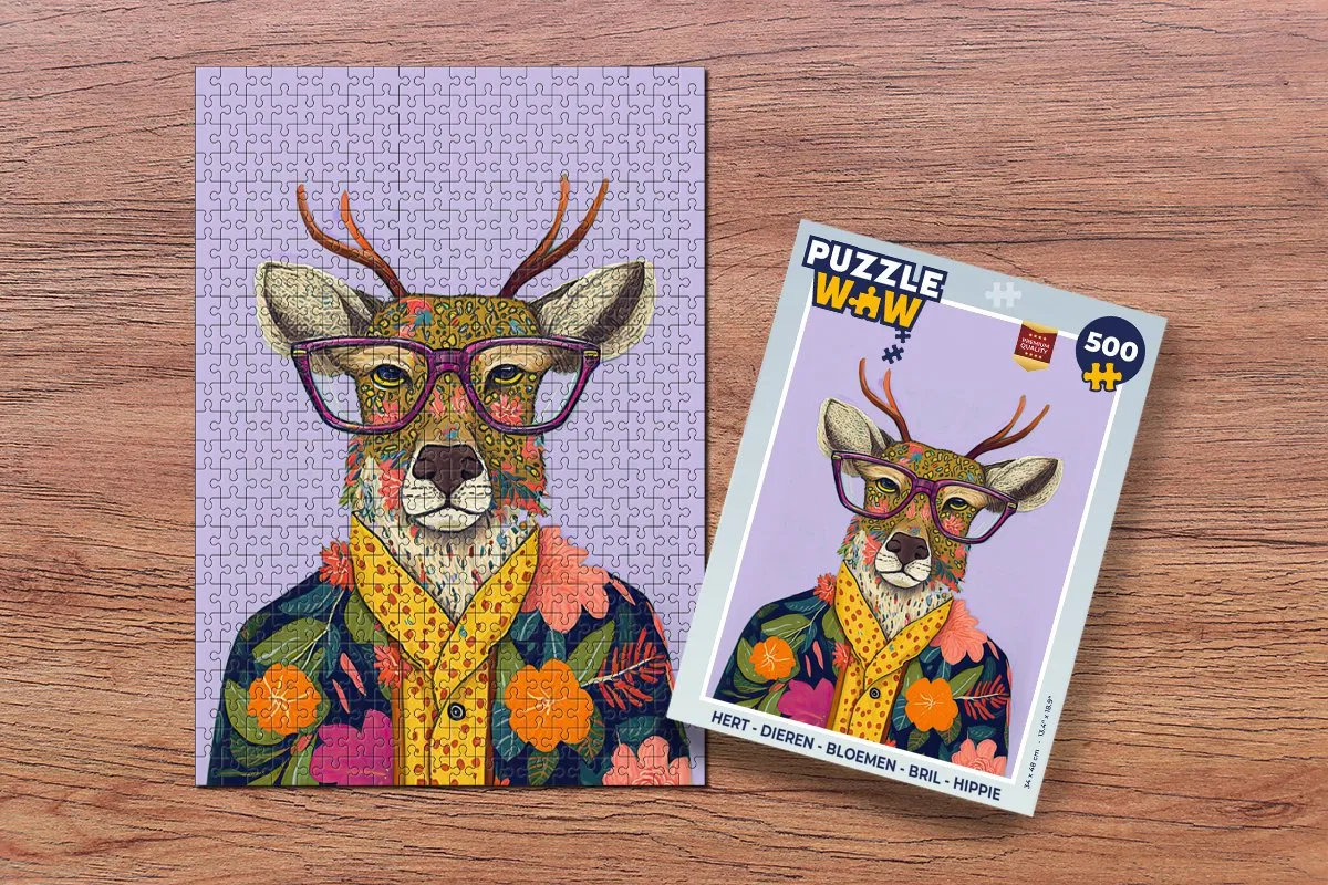 PuzzleWow Legpuzzel Hert Dieren Bloemen Bril Hippie 500 Stuks - Multicolor