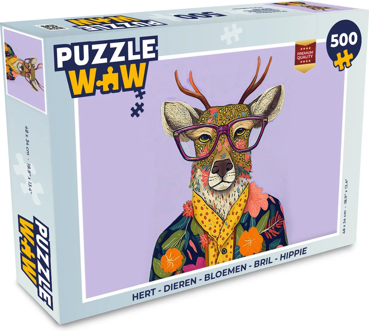 PuzzleWow Legpuzzel Hert Dieren Bloemen Bril Hippie 500 Stuks - Multicolor